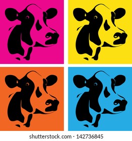 a set of three coloured cow heads