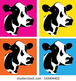 a set of three coloured cow heads