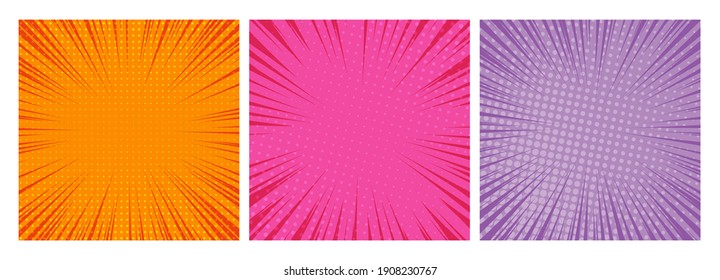 Set of three comic book pages backgrounds in pop art style with empty space. Template with rays, dots and halftone effect texture. Vector illustration