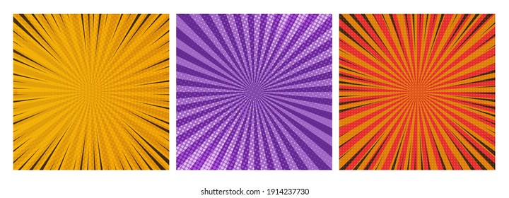 Conjunto de tres antecedentes de páginas de historietas en estilo de arte pop con espacio vacío. Plantilla con rayas, puntos y textura de efecto de medio tono. Ilustración del vector
