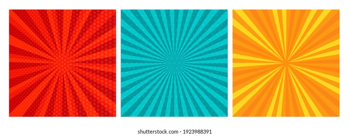 Conjunto de tres antecedentes de páginas de historietas en estilo de arte pop con espacio vacío. Plantilla con rayas, puntos y textura de efecto de medio tono. Ilustración del vector