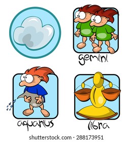 Set of three comic cartoon zodiacal signs of Air element. Gemini, Libra, Aquarius and Air symbol. Horoscope collection.