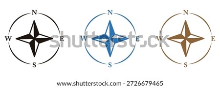 Set of three compass rose designs in black, blue, and brown indicating cardinal directions