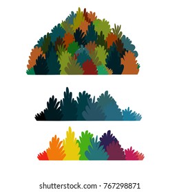 Set of three compositions with shrubs and bushes. Colorful decorative island and two rows of decorative bushes.