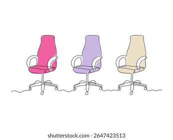 set of three Computer chair, office chair with wheels,continuous single one line art hand drawing sketch logo 