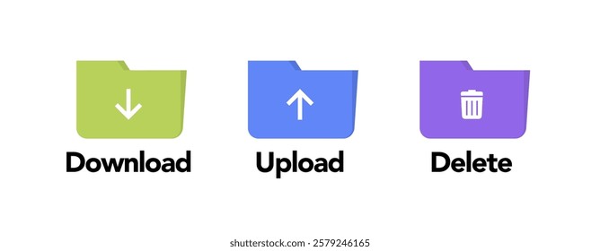 Set of three computer file icons with different operations such as download, upload, and delete. Design concept of file management on devices. Vector illustration in flat style