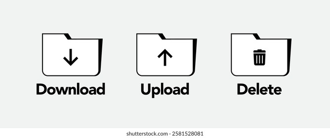 Set of three computer file icons with different operations such as download, upload, and delete. Design concept of file management on devices. Vector illustration in linear style
