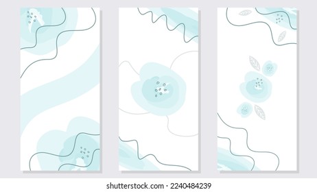 Set of three concept blue floral watercolor for social media and other background design.