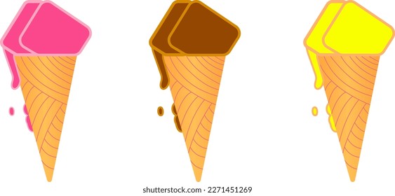 Set aus drei Kegel-Eis oder Scoops einzeln auf weißem Hintergrund. Mango-, Erdbeeren- und Schokoladenaroma