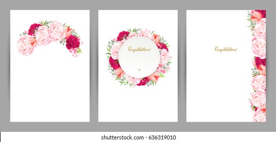 Set of three congratulation cards with elegant flower composition. Blooming pink roses and tulips formed branch, frame and border and on the white standard size backgrounds.