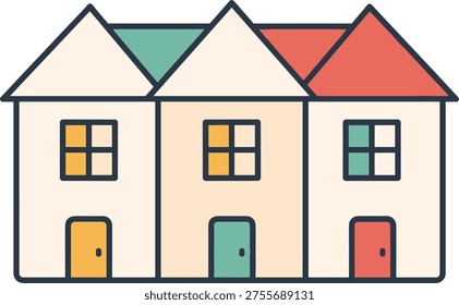 Set of three connected residential buildings with varied roof and door colors. Pastel palette design featuring windows and simple architectural shapes for neighborhood.