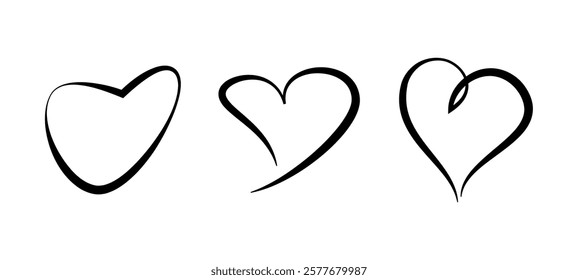 Set of three continuous line black hearts, symbolizing love and romance, isolated on a white background. Vector illustration