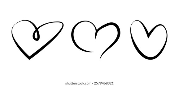 Set of three continuous line black hearts, symbolizing love and romance, isolated on a white background. Vector illustration