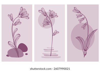 A set of three contour flowers on a purple background. Vector illustration for tile design, cards, wall decor