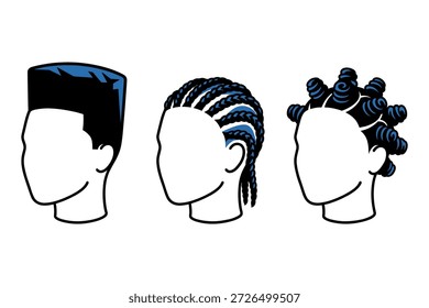 Conjunto de ilustrações de três contornos mostrando penteados afro-americanos populares cornrows alto fade superior e design de vetor plano de nós de banto