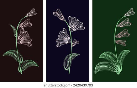 Satz von drei farbigen Lilien auf dunklem Hintergrund. Vektorgrafik für Fliesendesign, Decken, Banner, Wanddekoration im minimalistischen Stil