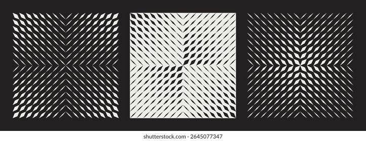 Conjunto de três padrões abstratos de contraste com linhas diagonais dinâmicas e formas geométricas. Efeito de mistura que cria ilusões ópticas e movimento visual em um plano de fundo preto. Ilustração vetorial