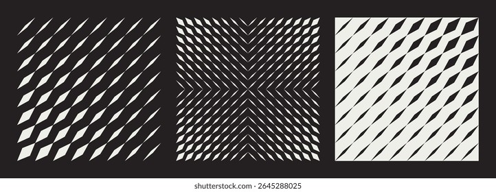 Conjunto de três padrões abstratos de contraste com linhas diagonais dinâmicas e formas geométricas. Efeito de mistura que cria ilusões ópticas e movimento visual em um plano de fundo preto. Ilustração vetorial