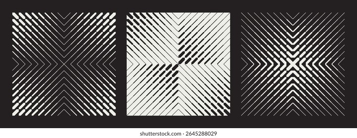 Conjunto de três padrões abstratos de contraste com linhas diagonais dinâmicas e formas geométricas. Efeito de mistura que cria ilusões ópticas e movimento visual em um plano de fundo preto. Ilustração vetorial