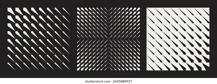 Conjunto de três padrões abstratos de contraste com linhas diagonais dinâmicas e formas geométricas. Efeito de mistura que cria ilusões ópticas e movimento visual em um plano de fundo preto. Ilustração vetorial