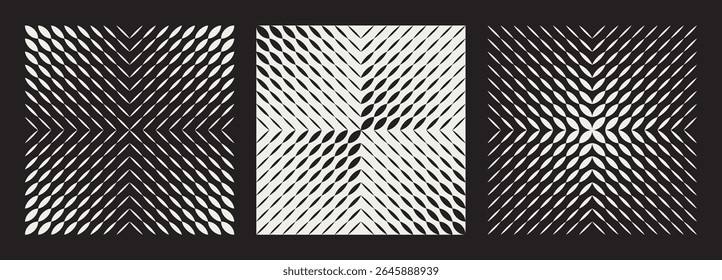 Conjunto de três padrões abstratos de contraste com linhas diagonais dinâmicas e formas geométricas. Efeito de mistura que cria ilusões ópticas e movimento visual em um plano de fundo preto. Ilustração vetorial