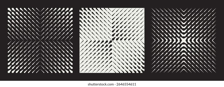 Conjunto de três padrões abstratos de contraste com linhas diagonais dinâmicas e formas geométricas. Efeito de mistura que cria ilusões ópticas e movimento visual em um plano de fundo preto. Ilustração vetorial