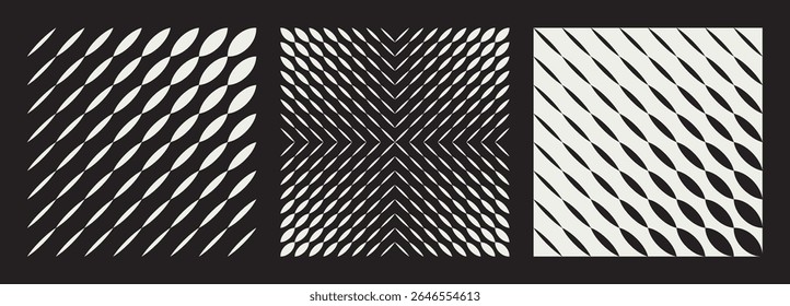 Set of three contrast abstract patterns featuring dynamic diagonal lines and geometric shapes. Blend effect creating optical illusions and visual movement on a black background. Vector illustration