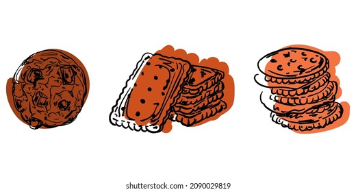 Set Of Three Cookies Vector Illustration On The White Background. Three Hand Drawn Cookies: Chocolate Chips Cookie, Crackers, Graham Digestive Biscuits. Stylish Design Sketch. Bakery Shop Menu.