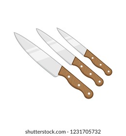 set of three cook's knives with brown wooden handle isolated on white background. flat cartoon vector illustration easy to edit and customize. eps10