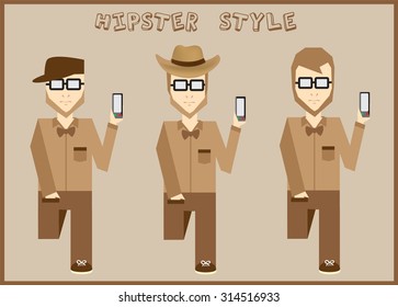 Set of three cool hipster men with phone