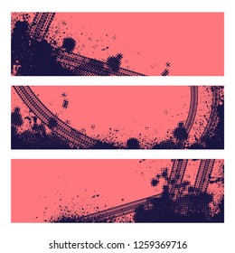 Set of three coral color tire track banners with halftone pattern