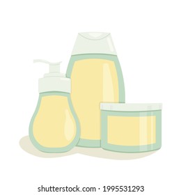 Conjunto de tres tubos cosméticos en azul, amarillo y gris con etiquetas en blanco. Concepto de productos cosméticos, champú de pelo, acondicionador y máscara.