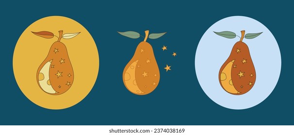 set of three cosmic pears and stars and moons on a contrasting background, pears in a circle