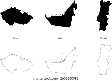 Set of three countries maps Czech, UAE and Portugal with black fill and outline isolated