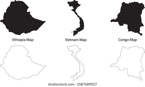 Set of three countries maps Ethiopia Vietnam and Congo with black fill and outline isolated on transparent white background