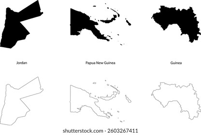 Set of three countries maps Jordan, Papua New Guinea and Guinea with black fill and outline isolated