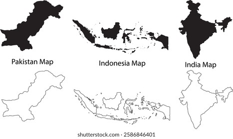 Set of three countries maps Pakistan Indonesia and India with black fill and outline isolated on transparent white background