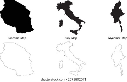 Set of three countries maps Tanzania Italy and Myanmar with black fill and outline isolated on transparent white background