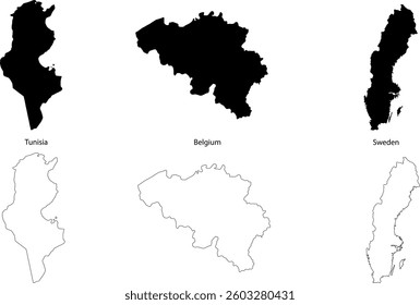 Set of three countries maps Tunisia, Belgium and Sweden with black fill and outline isolated