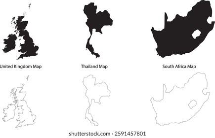 Set of three countries maps United Kingdom Thailand and South Africa with black fill and outline isolated on transparent white background