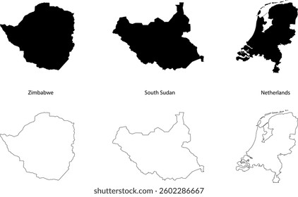 Set of three countries maps Zimbabwe, South Sudan and Netherlands with black fill and outline isolated on transparent