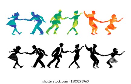 Set of three couples dancing swing, jazz, lindy hop or boogie woogie. Silhouettes on white background. Vector illustration. Polygon texture.