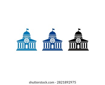 A set of three courthouse icons featuring a dome columns and the scales of justice symbol in light blue dark blue and black colors