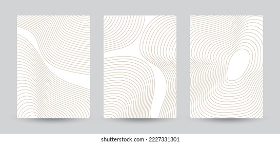 Set of three cover design templates with wavy lines. Abstract monochrome stripe texture background. Minimal topographic line contour map. Vector, 2023