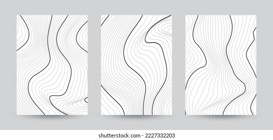 Set of three cover design templates with wavy lines. Abstract monochrome stripe texture background. Minimal topographic line contour map.