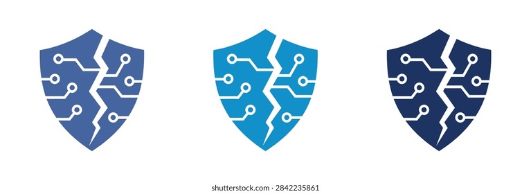 A set of three cracked shield icons with circuit board patterns symbolizing a security failure, cyber attack, or compromised network protection system.