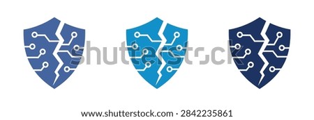 A set of three cracked shield icons with circuit board patterns symbolizing a security failure, cyber attack, or compromised network protection system.