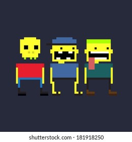 Set of three crazy pixel yellow guys