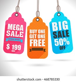 Set of three creative colorful Hang Tags or Labels design for Big Sale and Discounts.