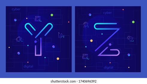 Set of three creative cyber letters Y, Z on stylish digital background. Techno modern linear alphabet